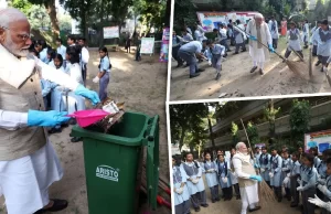 गांधी जयंती पर PM Modi ने संभाली स्वच्छता की कमान, स्कूली बच्चों संग लगाई झाड़ू